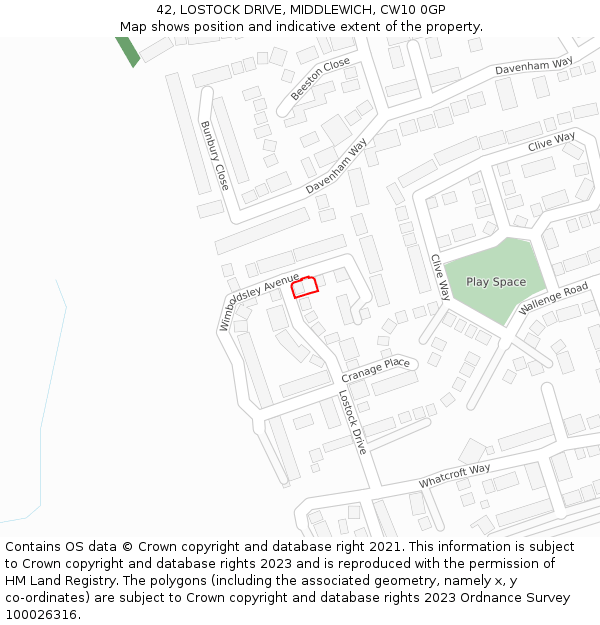 42, LOSTOCK DRIVE, MIDDLEWICH, CW10 0GP: Location map and indicative extent of plot