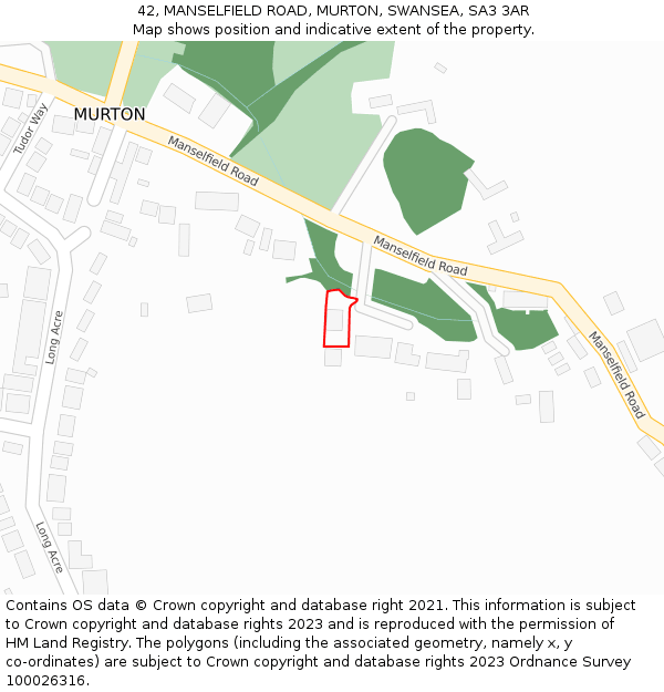 42, MANSELFIELD ROAD, MURTON, SWANSEA, SA3 3AR: Location map and indicative extent of plot