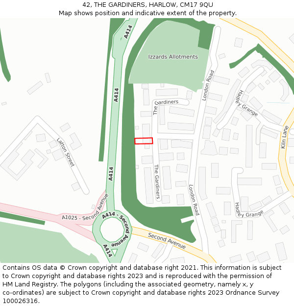 42, THE GARDINERS, HARLOW, CM17 9QU: Location map and indicative extent of plot