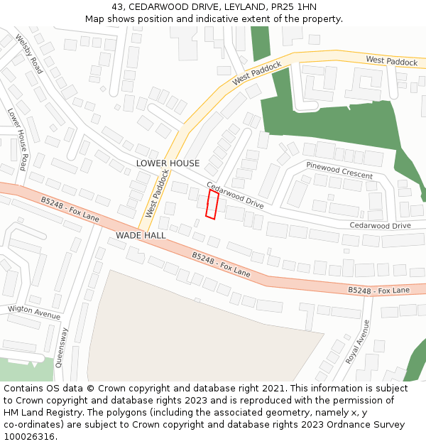 43, CEDARWOOD DRIVE, LEYLAND, PR25 1HN: Location map and indicative extent of plot