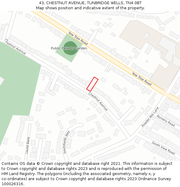 43, CHESTNUT AVENUE, TUNBRIDGE WELLS, TN4 0BT: Location map and indicative extent of plot