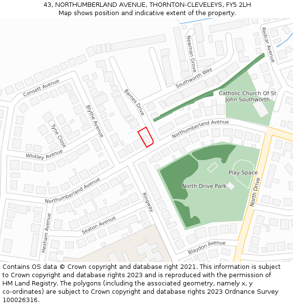 43, NORTHUMBERLAND AVENUE, THORNTON-CLEVELEYS, FY5 2LH: Location map and indicative extent of plot