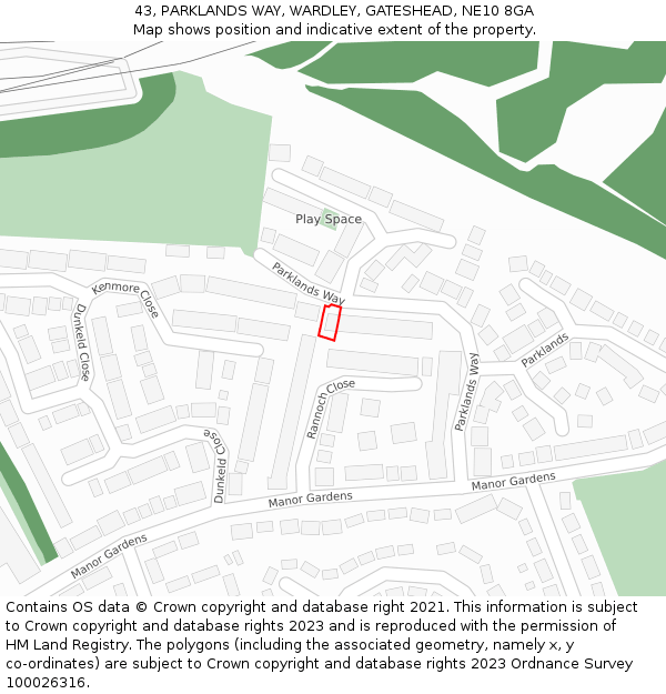 43, PARKLANDS WAY, WARDLEY, GATESHEAD, NE10 8GA: Location map and indicative extent of plot