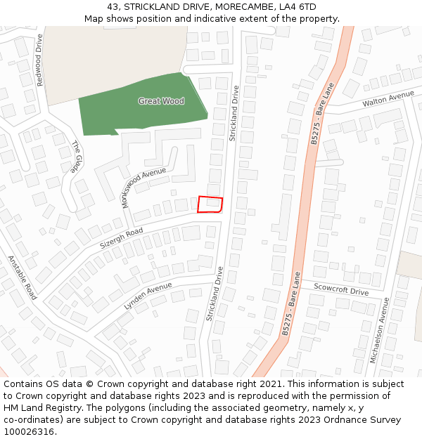 43, STRICKLAND DRIVE, MORECAMBE, LA4 6TD: Location map and indicative extent of plot