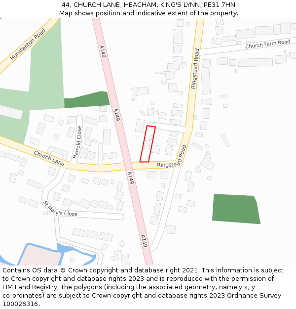 44, CHURCH LANE, HEACHAM, KING'S LYNN, PE31 7HN: Location map and indicative extent of plot