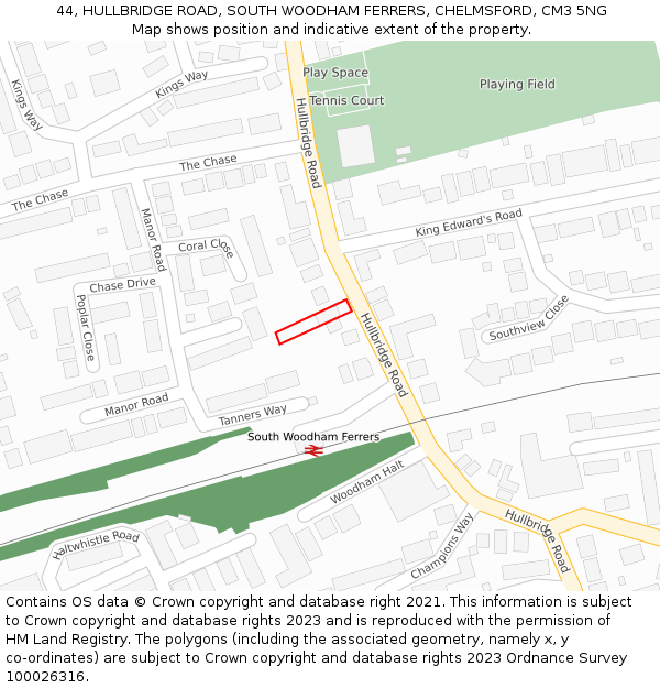 44, HULLBRIDGE ROAD, SOUTH WOODHAM FERRERS, CHELMSFORD, CM3 5NG: Location map and indicative extent of plot