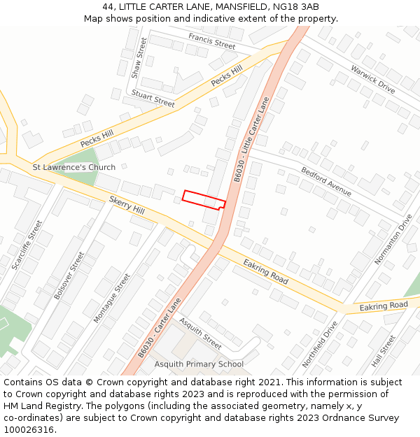 44, LITTLE CARTER LANE, MANSFIELD, NG18 3AB: Location map and indicative extent of plot