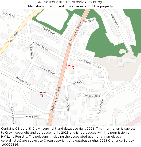 44, NORFOLK STREET, GLOSSOP, SK13 7QU: Location map and indicative extent of plot