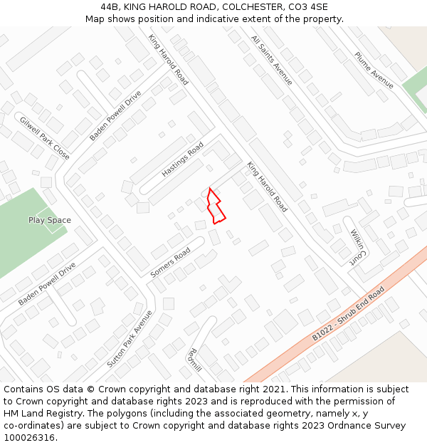 44B, KING HAROLD ROAD, COLCHESTER, CO3 4SE: Location map and indicative extent of plot