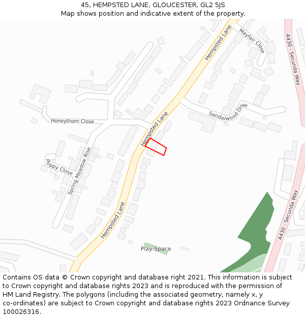 45, HEMPSTED LANE, GLOUCESTER, GL2 5JS: Location map and indicative extent of plot