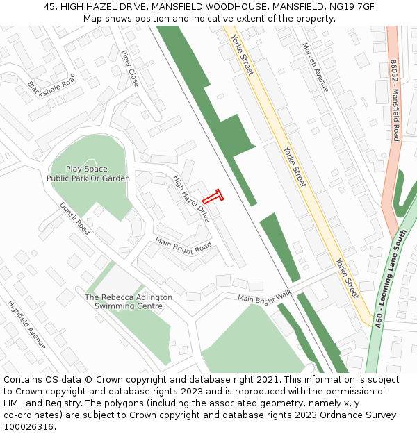 45, HIGH HAZEL DRIVE, MANSFIELD WOODHOUSE, MANSFIELD, NG19 7GF: Location map and indicative extent of plot