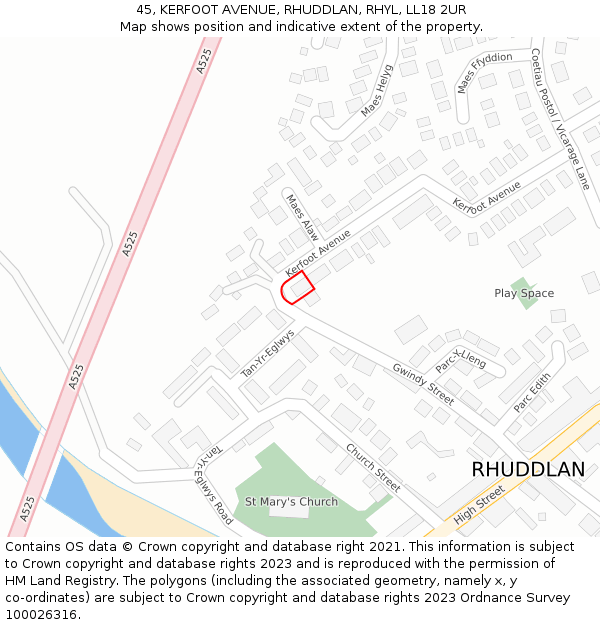 45, KERFOOT AVENUE, RHUDDLAN, RHYL, LL18 2UR: Location map and indicative extent of plot