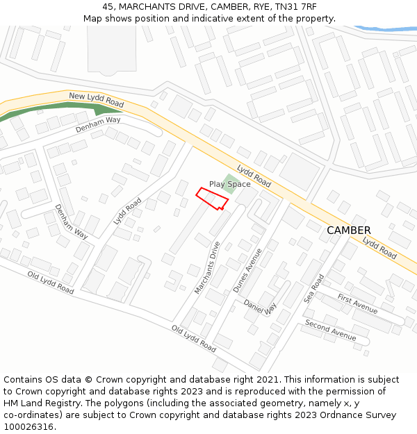 45, MARCHANTS DRIVE, CAMBER, RYE, TN31 7RF: Location map and indicative extent of plot