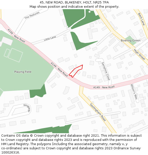 45, NEW ROAD, BLAKENEY, HOLT, NR25 7PA: Location map and indicative extent of plot