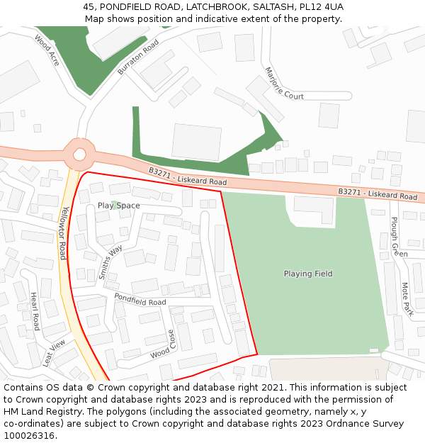 45, PONDFIELD ROAD, LATCHBROOK, SALTASH, PL12 4UA: Location map and indicative extent of plot