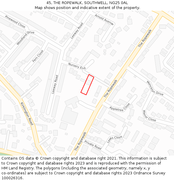 45, THE ROPEWALK, SOUTHWELL, NG25 0AL: Location map and indicative extent of plot