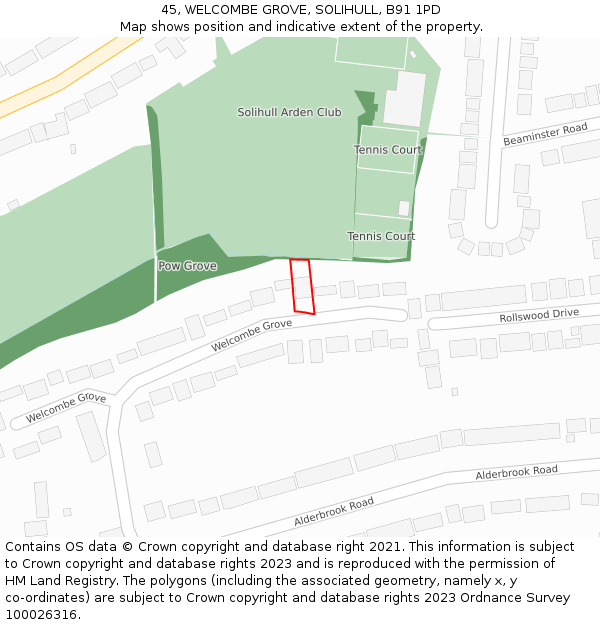 45, WELCOMBE GROVE, SOLIHULL, B91 1PD: Location map and indicative extent of plot