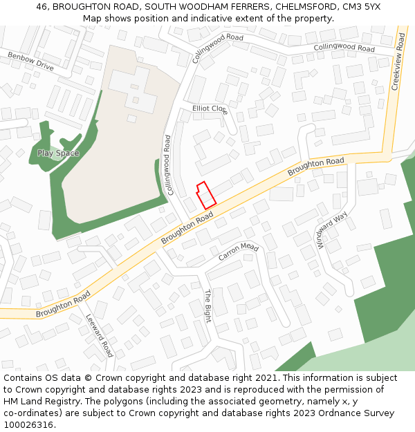 46, BROUGHTON ROAD, SOUTH WOODHAM FERRERS, CHELMSFORD, CM3 5YX: Location map and indicative extent of plot