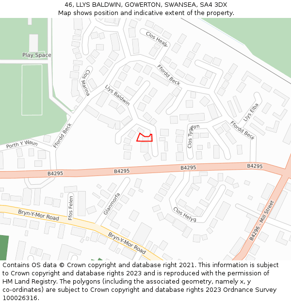 46, LLYS BALDWIN, GOWERTON, SWANSEA, SA4 3DX: Location map and indicative extent of plot