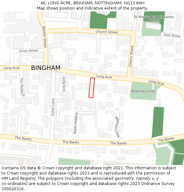 46, LONG ACRE, BINGHAM, NOTTINGHAM, NG13 8AH: Location map and indicative extent of plot