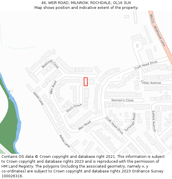 46, WEIR ROAD, MILNROW, ROCHDALE, OL16 3UX: Location map and indicative extent of plot