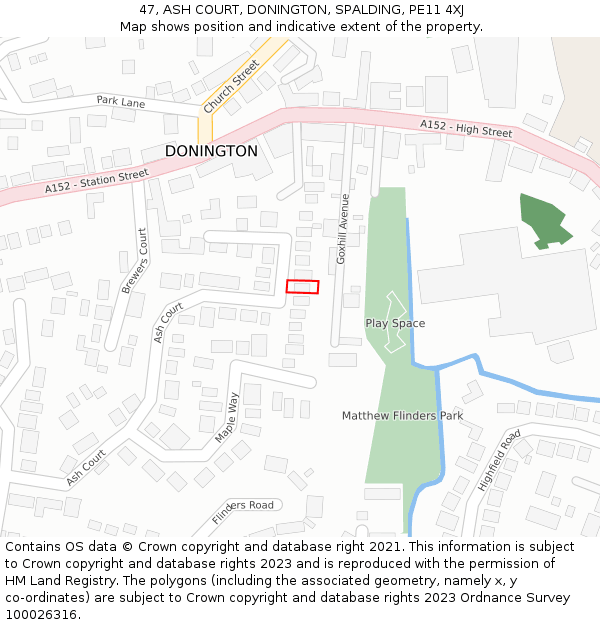 47, ASH COURT, DONINGTON, SPALDING, PE11 4XJ: Location map and indicative extent of plot