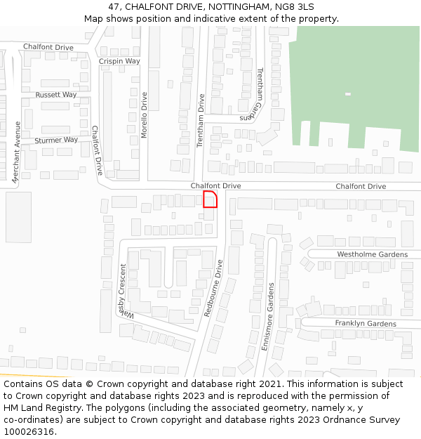 47, CHALFONT DRIVE, NOTTINGHAM, NG8 3LS: Location map and indicative extent of plot