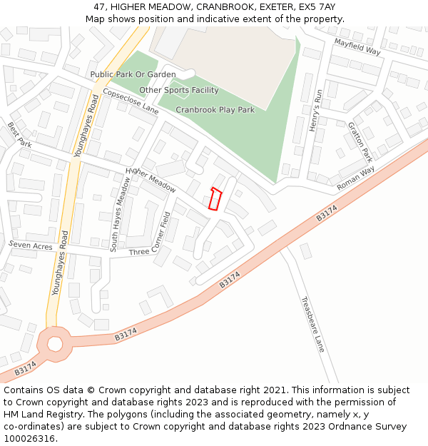 47, HIGHER MEADOW, CRANBROOK, EXETER, EX5 7AY: Location map and indicative extent of plot