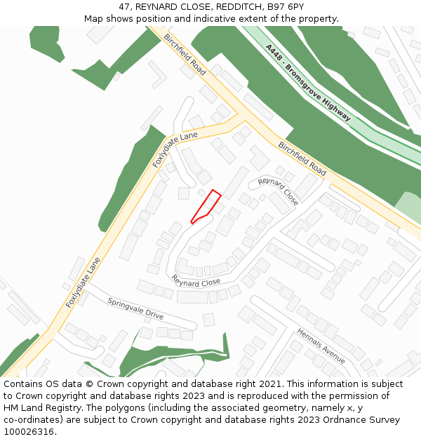 47, REYNARD CLOSE, REDDITCH, B97 6PY: Location map and indicative extent of plot