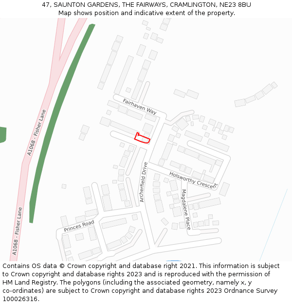 47, SAUNTON GARDENS, THE FAIRWAYS, CRAMLINGTON, NE23 8BU: Location map and indicative extent of plot