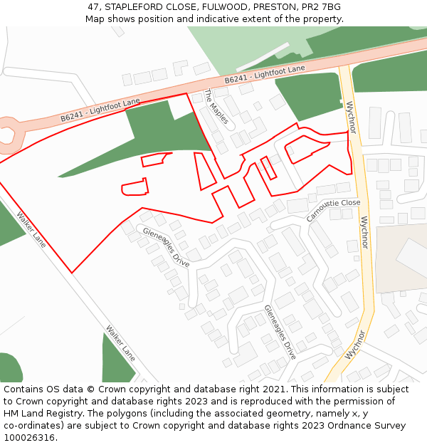 47, STAPLEFORD CLOSE, FULWOOD, PRESTON, PR2 7BG: Location map and indicative extent of plot