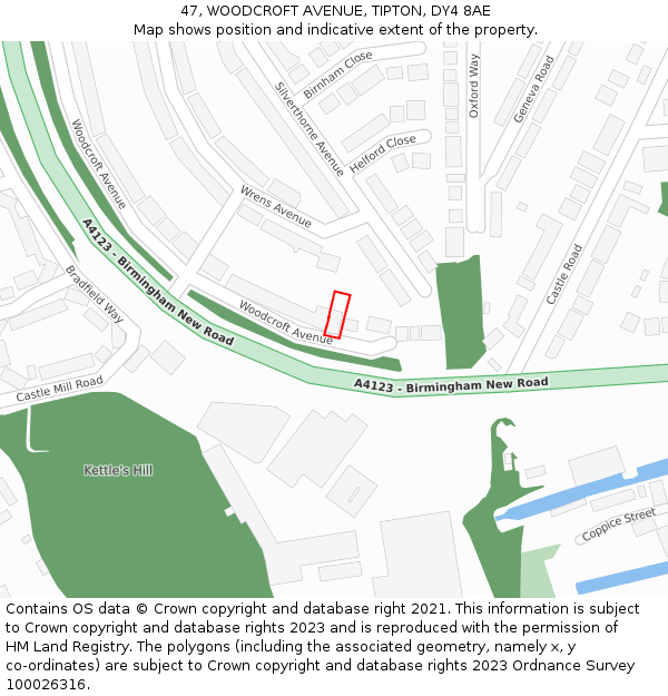 47, WOODCROFT AVENUE, TIPTON, DY4 8AE: Location map and indicative extent of plot