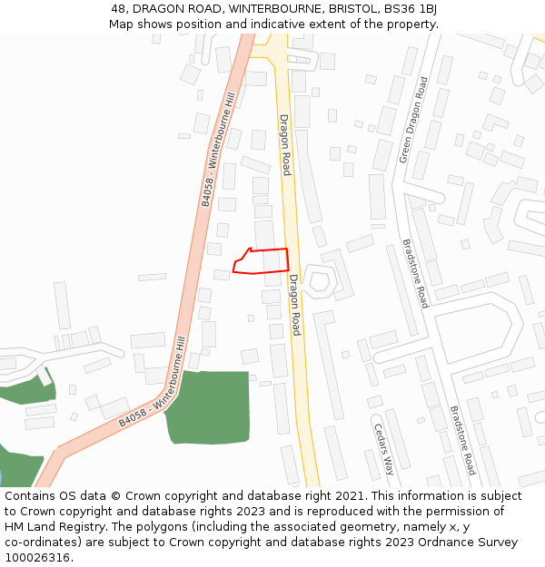 48, DRAGON ROAD, WINTERBOURNE, BRISTOL, BS36 1BJ: Location map and indicative extent of plot