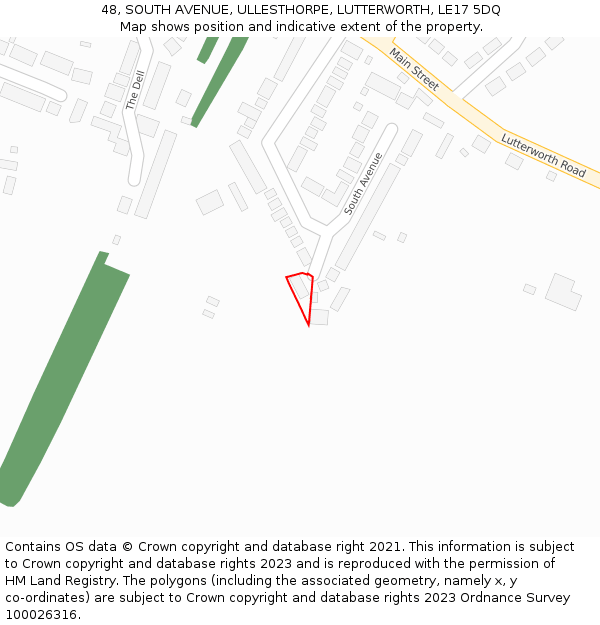 48, SOUTH AVENUE, ULLESTHORPE, LUTTERWORTH, LE17 5DQ: Location map and indicative extent of plot