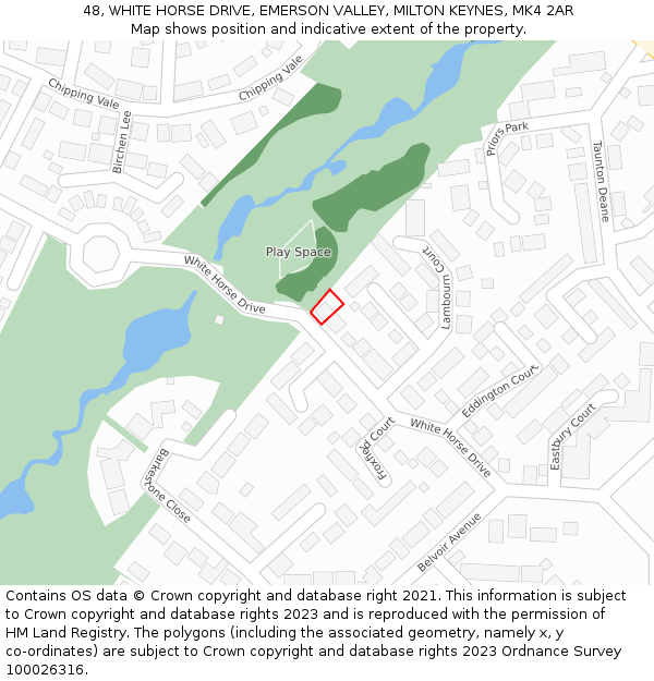 48, WHITE HORSE DRIVE, EMERSON VALLEY, MILTON KEYNES, MK4 2AR: Location map and indicative extent of plot