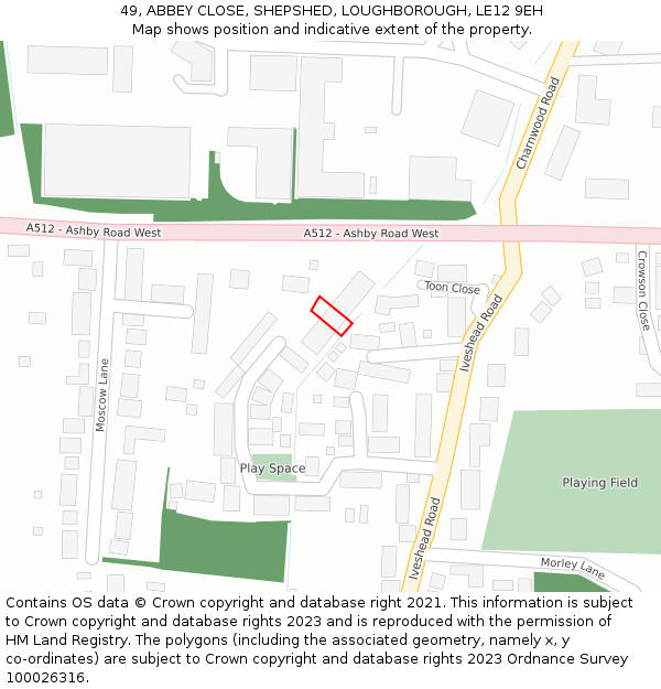 49, ABBEY CLOSE, SHEPSHED, LOUGHBOROUGH, LE12 9EH: Location map and indicative extent of plot