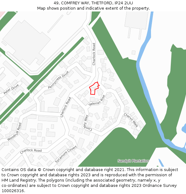 49, COMFREY WAY, THETFORD, IP24 2UU: Location map and indicative extent of plot