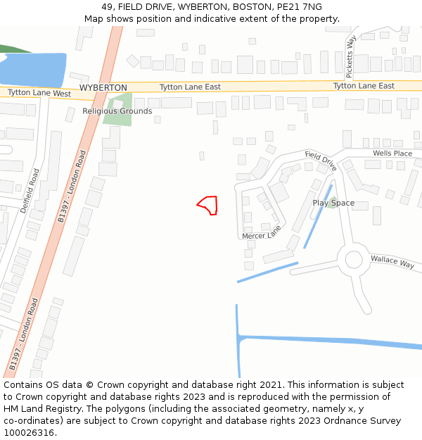 49, FIELD DRIVE, WYBERTON, BOSTON, PE21 7NG: Location map and indicative extent of plot