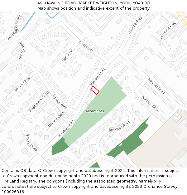 49, HAWLING ROAD, MARKET WEIGHTON, YORK, YO43 3JR: Location map and indicative extent of plot