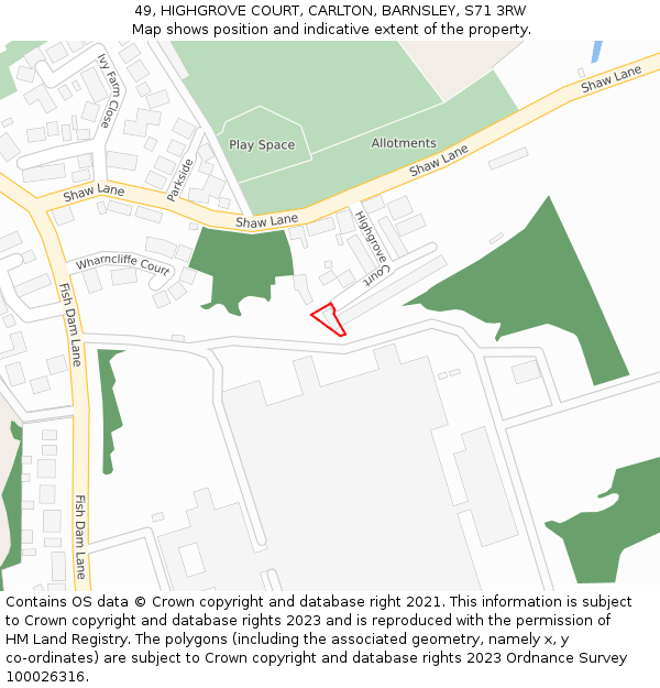 49, HIGHGROVE COURT, CARLTON, BARNSLEY, S71 3RW: Location map and indicative extent of plot