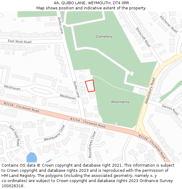 4A, QUIBO LANE, WEYMOUTH, DT4 0RR: Location map and indicative extent of plot