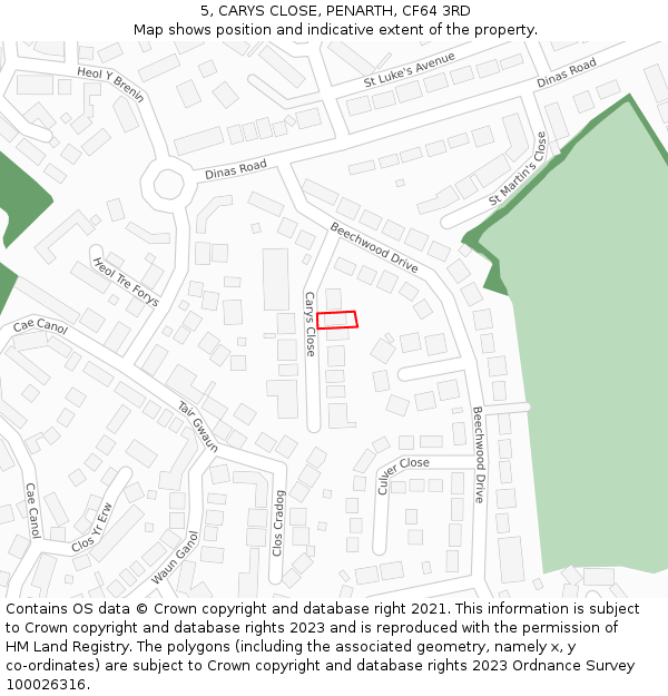 5, CARYS CLOSE, PENARTH, CF64 3RD: Location map and indicative extent of plot