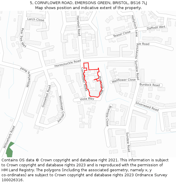 5, CORNFLOWER ROAD, EMERSONS GREEN, BRISTOL, BS16 7LJ: Location map and indicative extent of plot