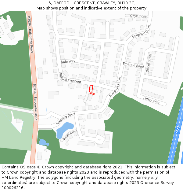 5, DAFFODIL CRESCENT, CRAWLEY, RH10 3GJ: Location map and indicative extent of plot