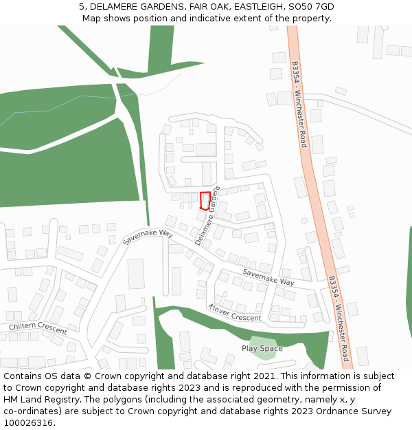 5, DELAMERE GARDENS, FAIR OAK, EASTLEIGH, SO50 7GD: Location map and indicative extent of plot