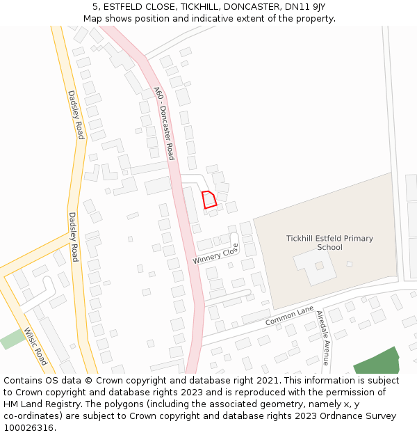 5, ESTFELD CLOSE, TICKHILL, DONCASTER, DN11 9JY: Location map and indicative extent of plot