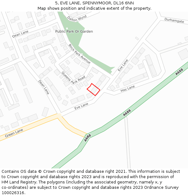 5, EVE LANE, SPENNYMOOR, DL16 6NN: Location map and indicative extent of plot