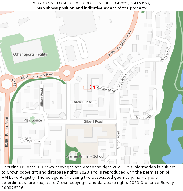 5, GIRONA CLOSE, CHAFFORD HUNDRED, GRAYS, RM16 6NQ: Location map and indicative extent of plot