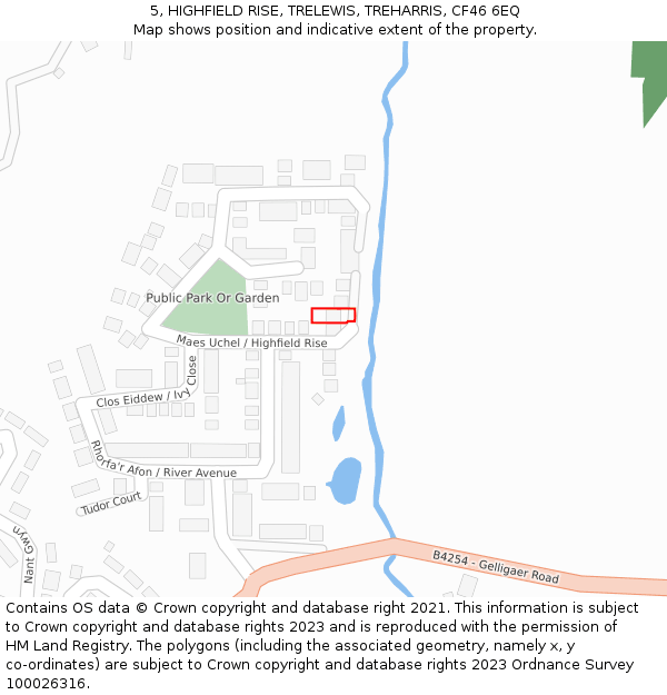 5, HIGHFIELD RISE, TRELEWIS, TREHARRIS, CF46 6EQ: Location map and indicative extent of plot