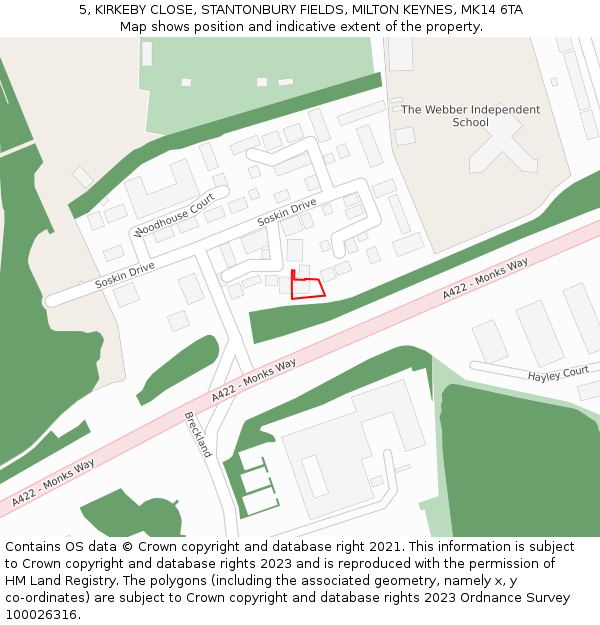 5, KIRKEBY CLOSE, STANTONBURY FIELDS, MILTON KEYNES, MK14 6TA: Location map and indicative extent of plot